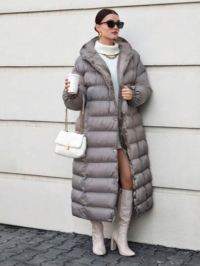 EURMUSE Abrigo largo acolchado y con capucha de plumón para mujer talla extra, con botones a presión, para el invierno