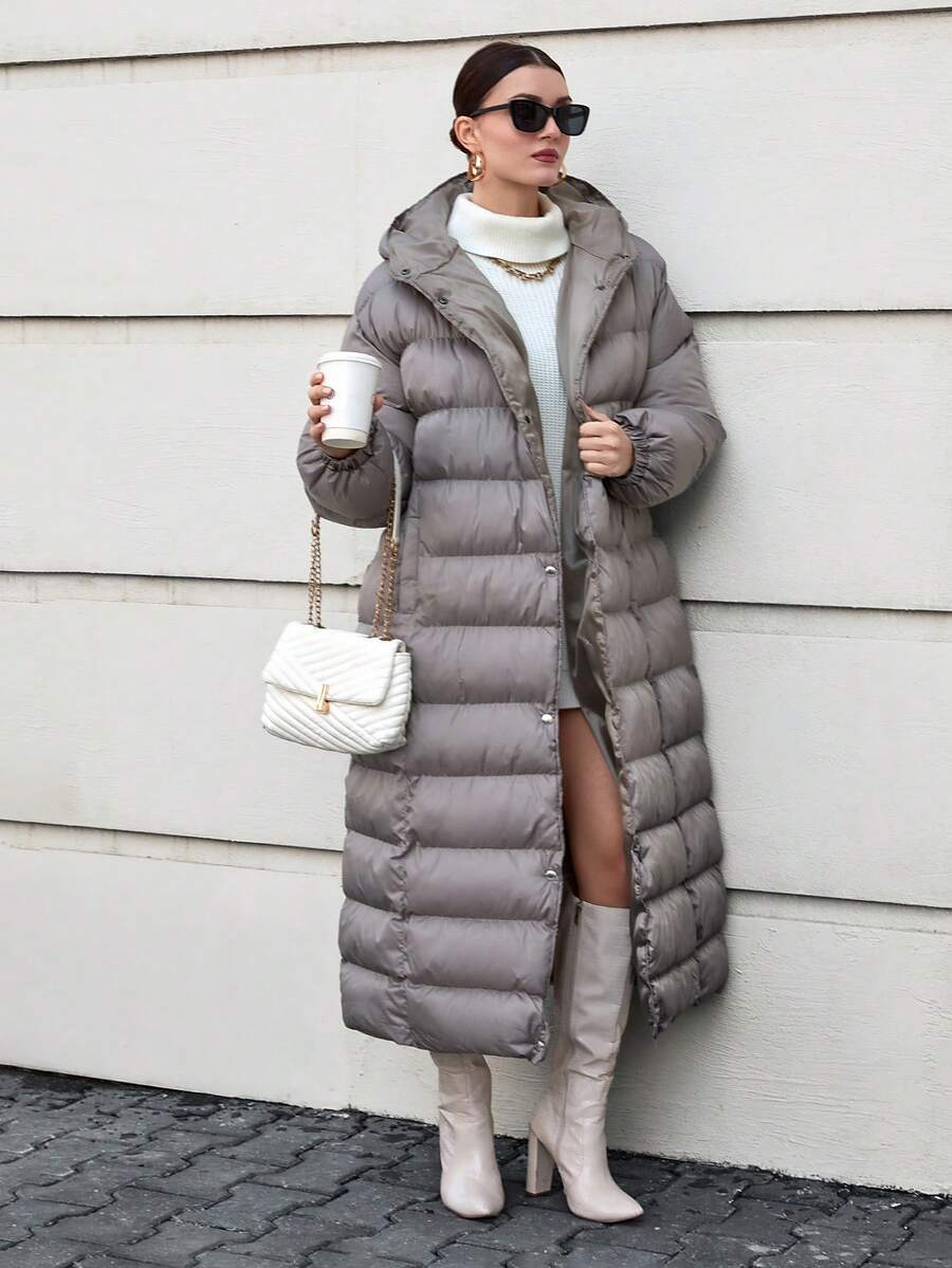 EURMUSE PLUS SIZE Damski płaszcz zimowy z kapturem i zapięciem na zatrzaski, ocieplany, długi, puchowy