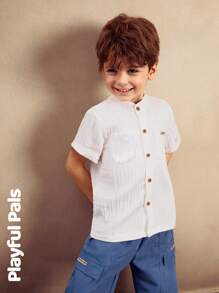 SHEIN 1pc Boys' Textured Fabric Standing Collar Pocket Gentleman Design Casual Shirt, Cute/Retro/Fun, Suitable For Any Occasion, Spring/Summer Outfits - White - View 3