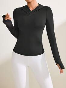 Easithlete 女士运动连帽衫，带透气网眼布、拇指孔、V 领、瑜伽、跑步、健身、户外休闲修身长袖运动衫 - 黑色 - 查看 5