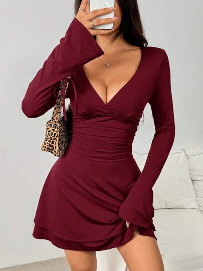 SHEIN EZwear V-Neck Cinched Waist Long Sleeve Women Wine Red Dress, Autumn New Arrival