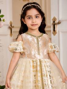Glamorique Kids Vestido de fiesta azul de jacquard sin mangas elegante para niña, de tela con textura de alta calidad, vestido de princesa con tul sofisticado, adecuado para fiestas de lujo, actuaciones y ocasiones especiales - Albaricoque - Ver 4