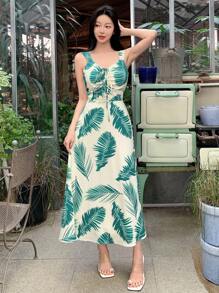 DAZY 女式 V 领无袖热带树叶印花系腰中长连衣裙、挤奶女工裙太阳裙 - 綠色 - 查看 6
