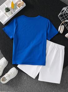 2pcs/Set Tween Boys Solid Color Big Letter Print Short Sleeve Round Neck T-Shirt And Elastic Waist Shorts Outfit, Suitable For Autumn, Spring, Summer, Great For Outdoor Play, School, Street Style, Party And Casual Wear
