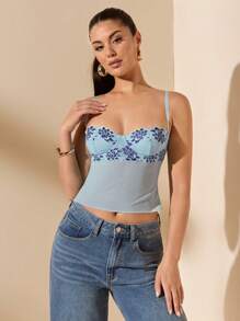 SHEIN BAE Áo ba lỗ không tay thêu hoa & đính vải cho nữ - Màu xanh lam - Xem 3