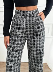 EURMUSE Women Check Pattern High Waist Straight Pants - Grey - View 5