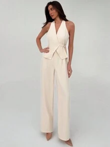 Aloruh New Simple Solid Color Apricot Sleeveless Neck Halter Waist Vest And Straight Leg Pants 2 Pieces Set, Suitable For Office Commute And Outdoor Wear - White - View 3