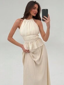 Aloruh Elegant Neck Tie Back Sexy Open Back Ruched Solid White Camisole