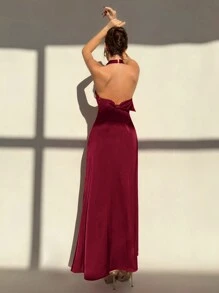 Aloruh Red Taffeta Backless Bowknot Burgundy Cocktail Dress - Burgundy - View 2