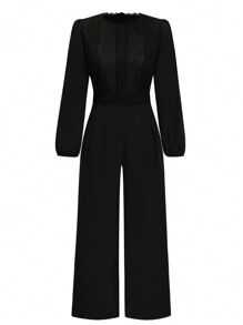 SHEIN Clasi Plus Size Minimalist Contrast Lace Wide Leg Jumpsuit With Long Sleeves - Black - View 1