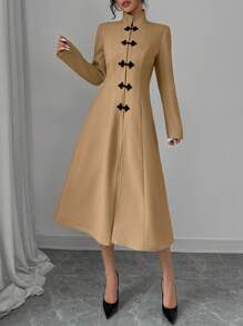 Elenzga Elegant Stand Collar Color Block Chinese Style Button Down Cinched Waist Long Thick Woolen Coat For Women, Autumn/Winter