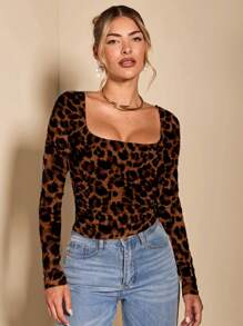 SHEIN BAE Women's Vintage Leopard Print Ruched Long Sleeve T-Shirt, Suitable For Summer