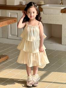 DAZY Vestido elegante de niña con tirantes de espagueti y pliegues de unicolor, conjunto de ropa de verano para niñas