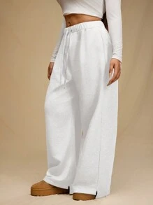 Forever 21 Plus Size Solid Color Front Tie Waist Casual Sweatpants, Everyday Wear - White - View 3