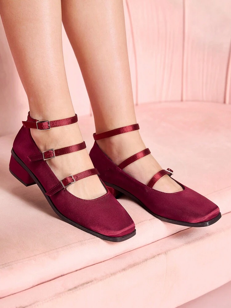 CUCCOO DOLLMOD Square Toe Block Heel Closed Toe Maryjane High Heel Shoes, Burgundy Color