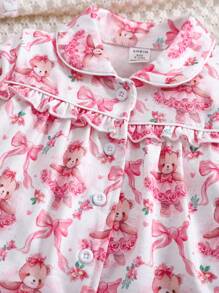 Baby Girl Knitted Ditsy Floral Bow Print Casual Long Sleeve Top And Pants Set, Comfortable Home Suit For All Seasons - Multicolor - View 6