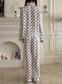 SHEIN 2pcs/Set Teen Girl Heart Graphic Contrast Collar Long Sleeve Pocket Embellished Top And Straight Leg Loose Comfortable Pajama Set, Suitable For High School, College Girls, Daily/Holiday/Party Wear