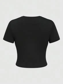 SHEIN Slayr 女士时尚水钻心形唇印修身短款上衣图案T恤女式上衣 - 黑色 - 查看 2