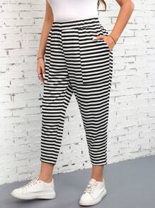 SHEIN LUNE Plus Size Women's Valentine's Day High Waisted Black And White Striped Pocket Design Women's Sweatpants