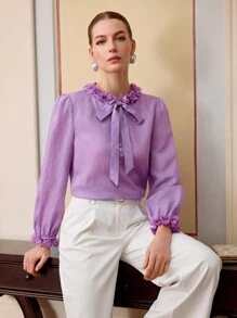 ZEYLAH ÁO BLOUSE CỔ THẮT NƠ APPLIQUES - Màu tím hoa cà - Xem 7