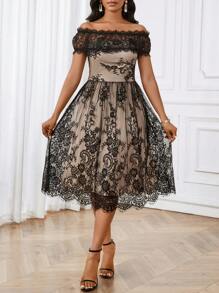 SHEIN Lady Four Seasons Navy Blue Long Sleeve Dress Lace Fabric Dress Ruffled Slim Fit Women's Short Dress