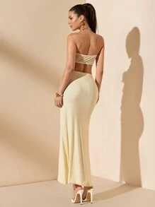 SHEIN BAE Summer Vacation Style Date Night Slit Maxi Dress, Women 2 Pieces Strapless Set - Apricot - View 2