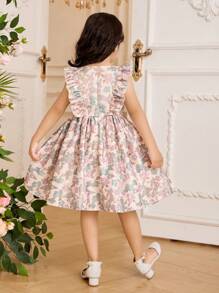 Glamorique Kids Young Girl Round Neck Floral Print Dress With Bow Decoration