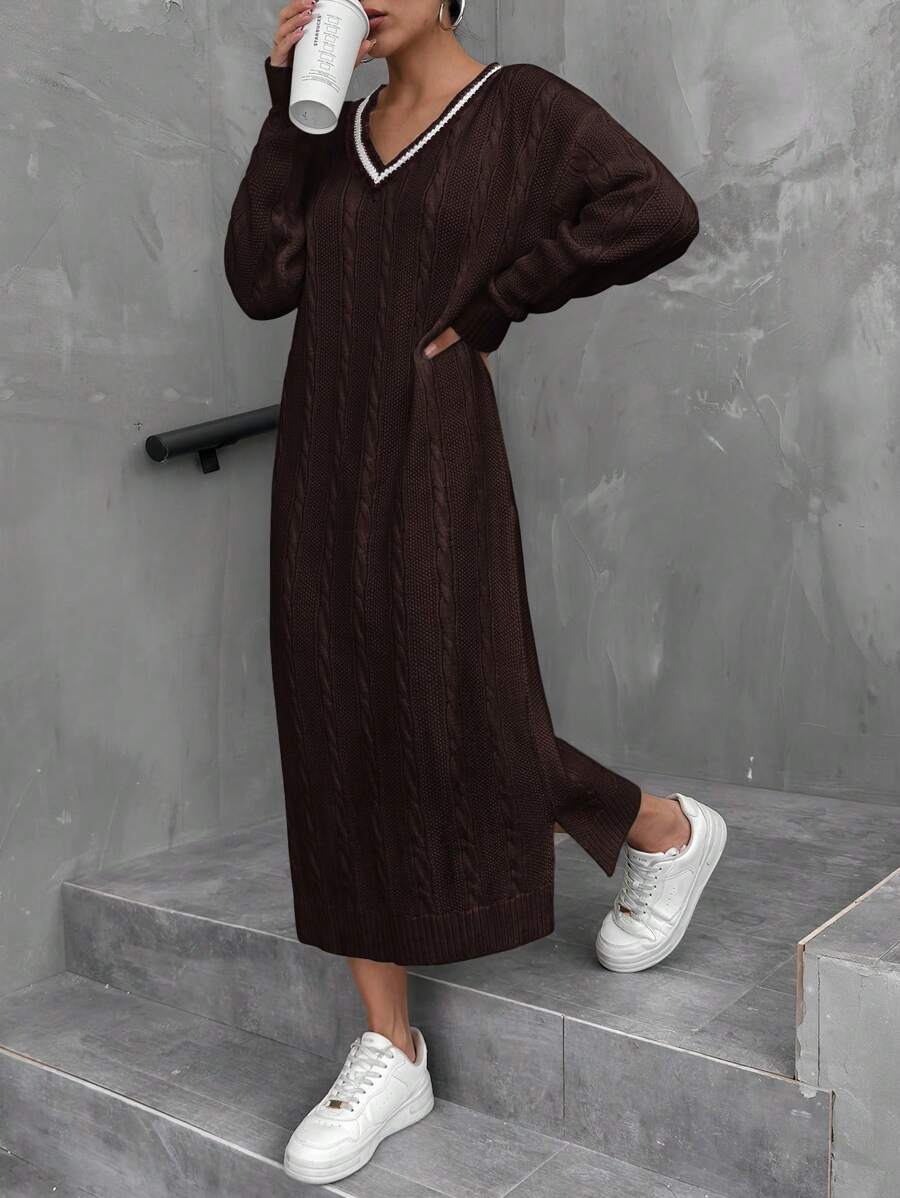 EURMUSE V-Neck Black Contrast Color Design Braided Pattern Maxi Women Dress - Chocolate Brown - View 1