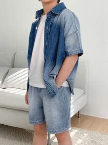 DAZY Tween Boys Denim Button Up Shirt & Shorts Outfit,Back To School Clothes