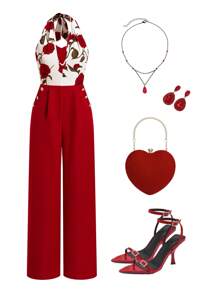 Ellevyn Women's Elegant Rose Print Red Wide Leg Jumpsuit, Suitable For Dates, Outings, Travel Outfit, Valentine's Day Vacation Outfits Woman  Wedding Guest Dress Women - Multicolor - View 2