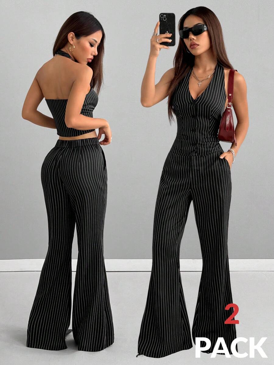 SHEIN EZwear Áo sọc đi chơi hòa nhạc Y2K dành cho nữ và quần ống loe nhỏ, 2 chiếc - màu đen - Xem 1