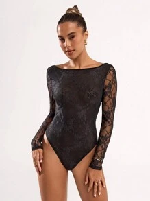 SHEIN BAE Women's Clothing Elegant Daily Street One-Shoulder Back Ribbon Tie Bow Decoration Daily Travel Lace Bodysuit Valentine's Day Women's Clothing Spring And Summer Nightclub Women's Clothing Sexy Spring Clothing Beach Vacation Wear