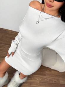 SHEIN EZwear Women's Solid Color Oblique Shoulder Long Sleeve Minimalist Bodycon Short Sweater Dress - White - View 7