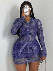 Flirla Plus Size Denim Effect Ruched 2Pcs Set