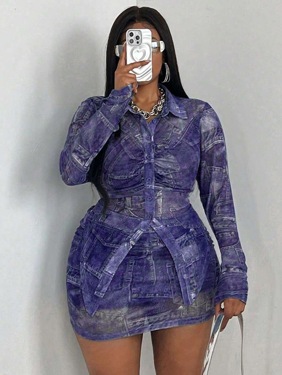 Flirla Plus Size Denim Effect Ruched 2Pcs Set