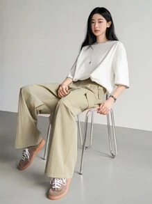 Dazy-Less Pantalones holgados de mujer con pierna recta y estilo cargo con bolsillos grandes - Caqui - Ver 2