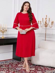 SHEIN Clasi Plus Size Solid Color Round Neck Rhinestone Decor Elegant Red Dress - Red - View 4