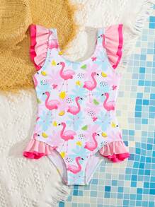SHEIN Young Girl Flamingo Print Ruffle Trim One-Piece Swimsuit - Multicolor - View 5