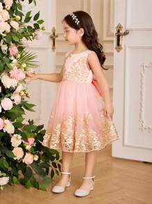Glamorique Kids 年轻女孩粉色刺绣薄纱连衣裙，优雅舞会礼服，金色刺绣，缎纹面料，露背大蝴蝶结，适合舞台表演