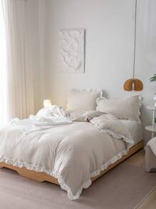 Bộ chăn ga gối đệm Polyester trơn màu be 3 món (1 vỏ chăn + 2 vỏ gối, không ruột), phong cách cổ điển tối giản, Polyester mềm mại và thân thiện với da, thích hợp cho phòng ngủ, mọi mùa - Màu be - Xem 9