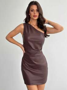 SHEIN Privé Jesień/zima Nowa Elegancka Szykowna Moda Commuter Design Seksowna Klubowa Czerwona Asymetryczna Ramiona Marszczona Talia Dopasowana Mini Sukienka Walentynki