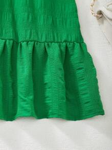 Tween Girl 粉色纹理面料舒适休闲宽松度假连衣裙 - 綠色 - 查看 6