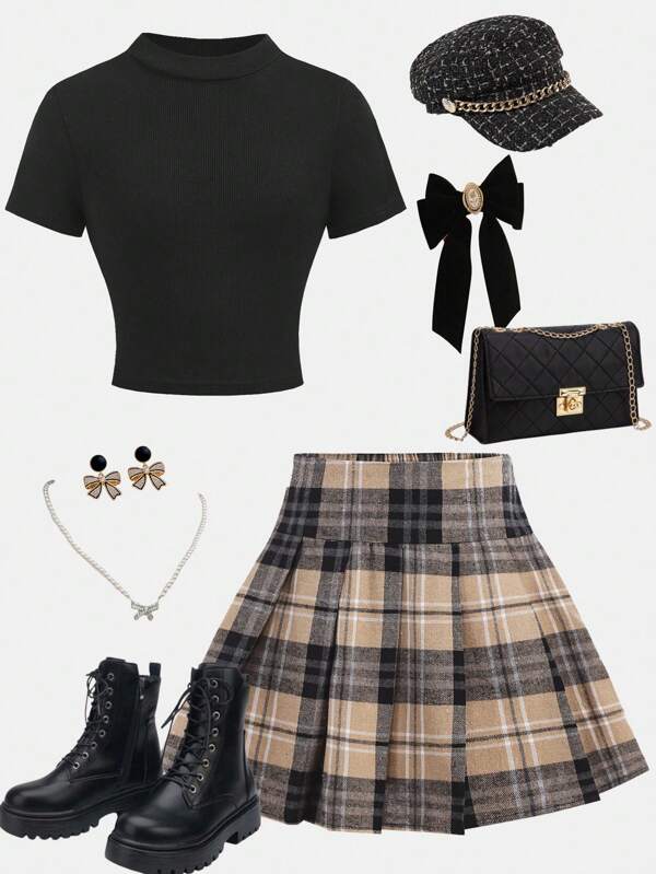Girlism Conjunto de 2 piezas para niñas preadolescentes con top corto de punto acanalado negro y falda plisada a cuadros caqui, de estilo casual y universitario