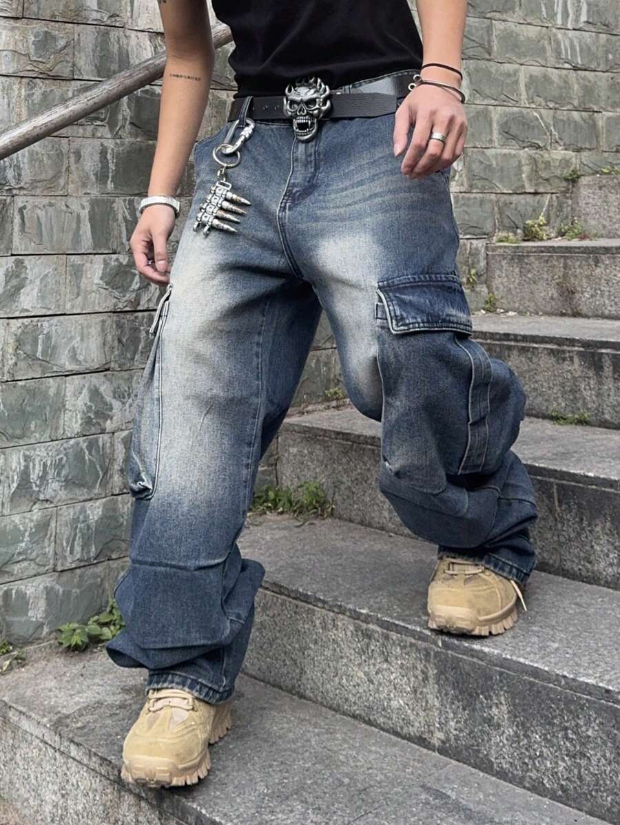 Manfinity EMRG Men's Casual Water-Washed Loose Fit Cargo Jeans - Blue - View 1