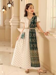 Tween Girls' Elegant V-Neck Cap Sleeve Foil Geometric Print Dress - Green - View 4