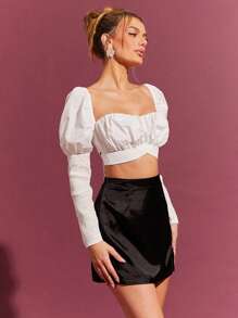 L'Amorae Shirred Puff Sleeve Self Tie Crop Spring Blouses - White - View 3