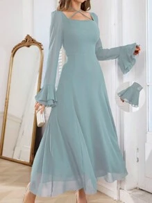 Modelyn 1 bucată rochie de damă elegantă, de precizie, la modă, cu mâneci evazate, cu gât pătrat, albastru bleumarin, ținută maxi pentru femei