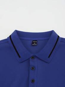 Calvornis Men's Colorblock Splicing Front Button Short Sleeve Simple Polo Shirt, Casual Everyday Wear, Formal, Ceremony - Royal Blue - View 5