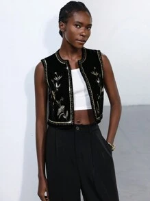 Aveloria Modichic Chaqueta/chaleco corto sin mangas de terciopelo con bordados de lentejuelas elegantes de estilo vintage para mujeres