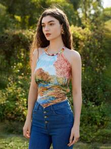 SHEIN MOD 女士油画印花三角围巾露背上衣，艺术系列，度假女士，外出上衣，沙滩装 - 彩色 - 查看 2